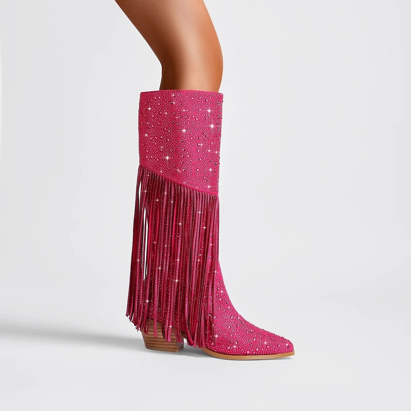 Bota Tassel Rhinestone com Franjas