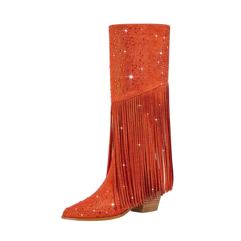 Bota Tassel Rhinestone com Franjas