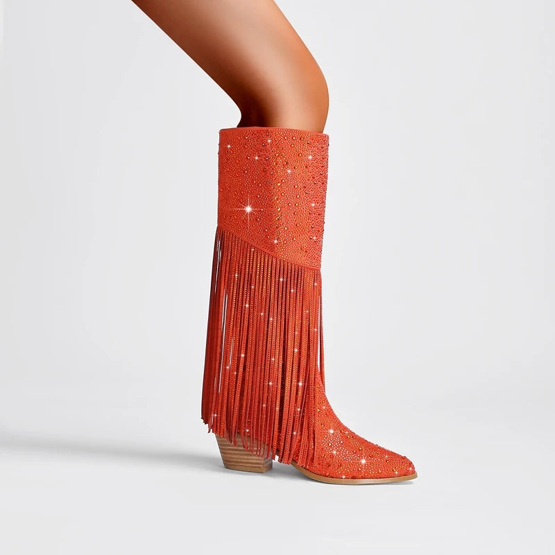 Bota Tassel Rhinestone com Franjas