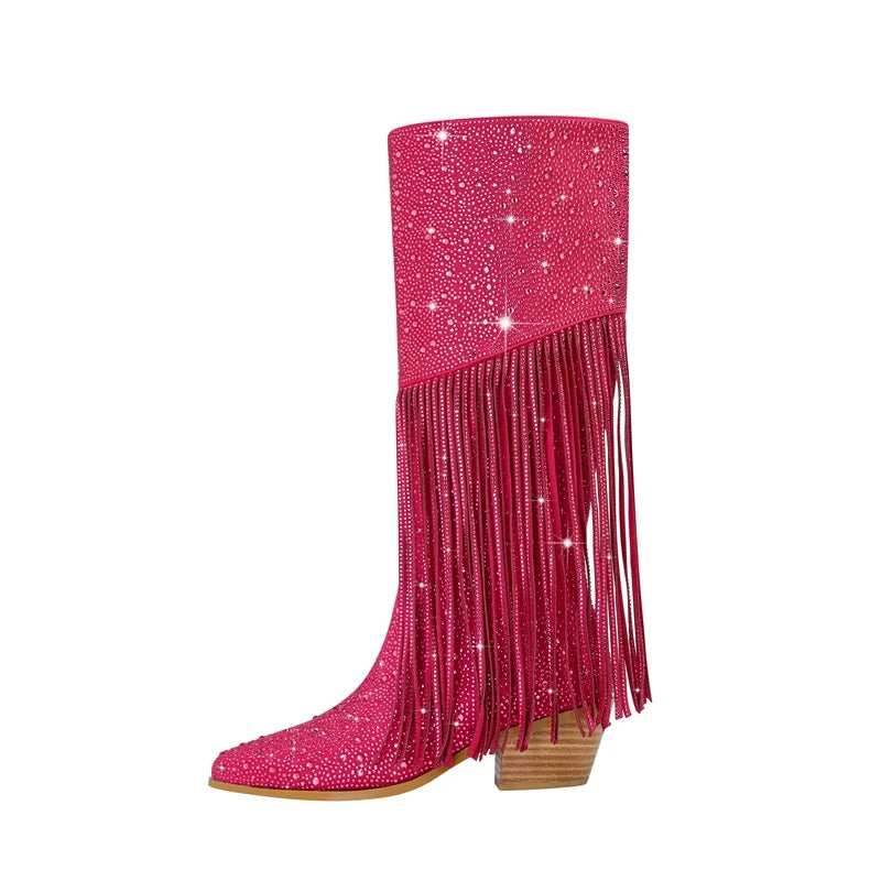Bota Tassel Rhinestone com Franjas